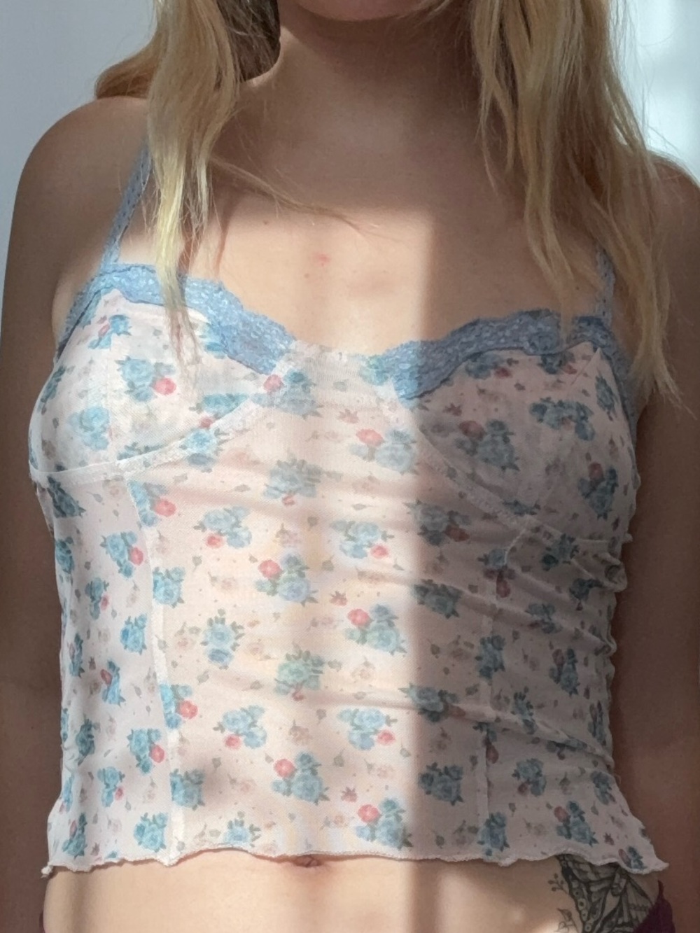 Pink Floral Lace-Trim Bustier Top with Blue Roses - Picture 2 of 3